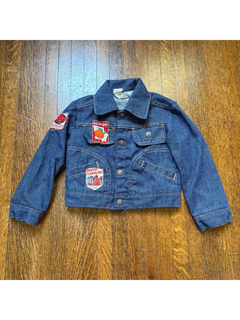 Vintage 1970s Kids Blue Jean Denim Jacket with Southern US States Travel Patches